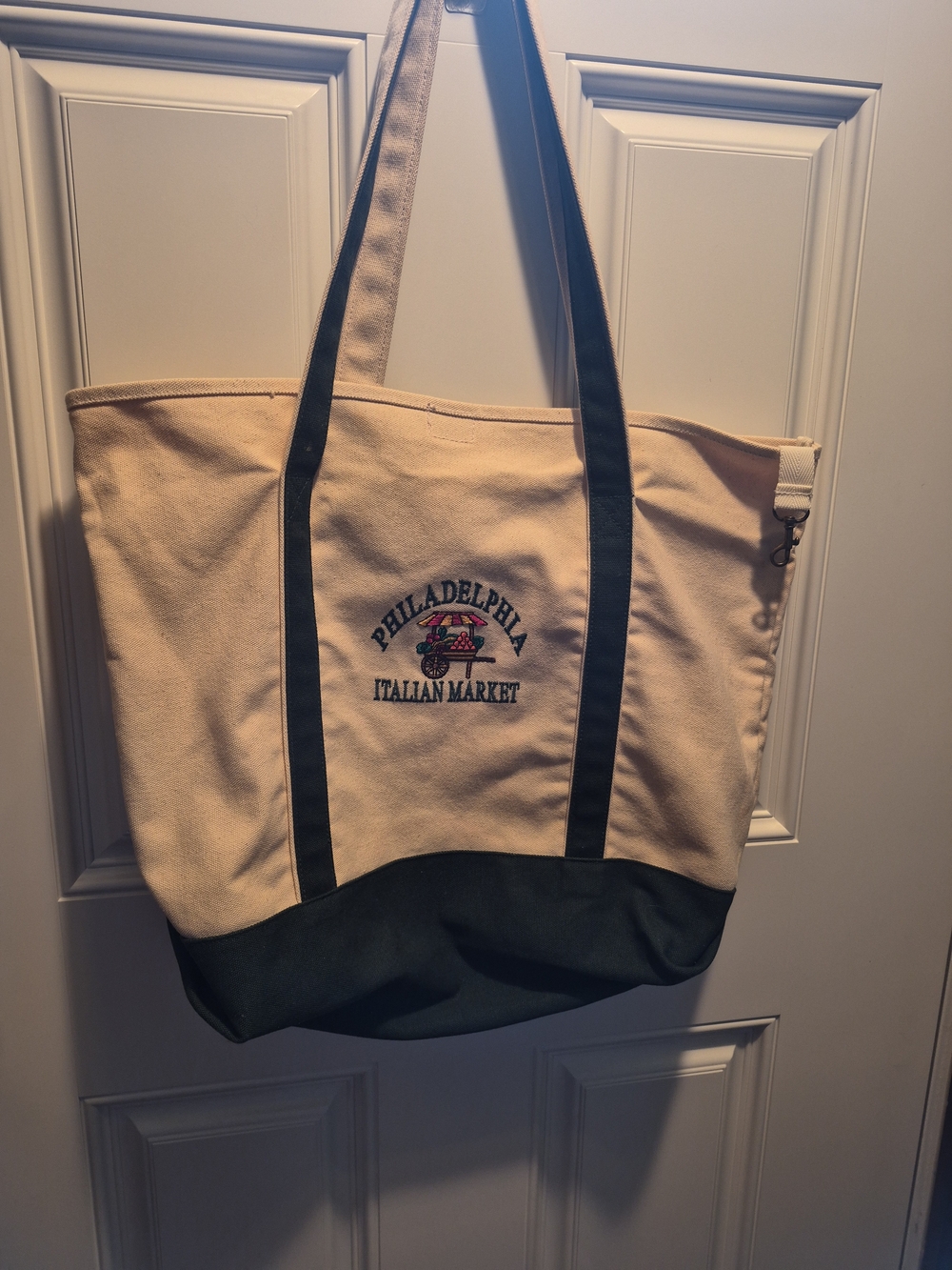 Philadelphia Italian Market Anvil Two-Tone Canvas Tote - Beige & Green 19"w Vtg